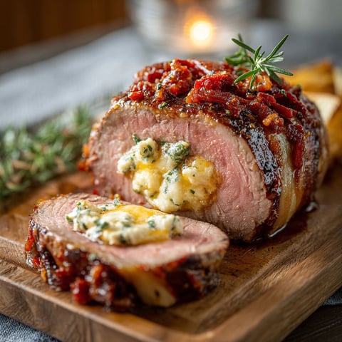 Un filet mignon farci au chorizo et comté est présenté sur une table.