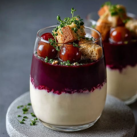 Une verrine de betterave et fromage de chèvre est servie dans un verre transparent.