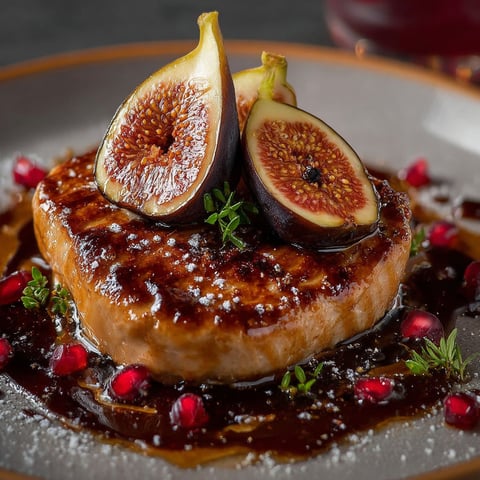 Foie gras poêlé aux figues, une recette de cuisine française, est servie sur un plateau avec des fruits et des épices.