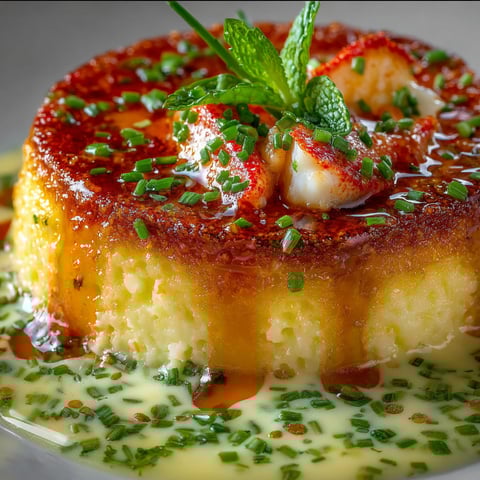 Une tarte flambée au crabe et sauce ciboulette, garnie de ciboulette et de sauce.