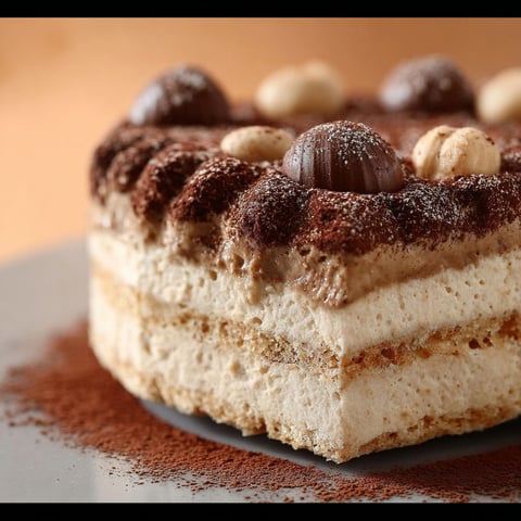 Une tarte praliné en forme de cake, garnie de noix et de chocolat, est servie sur un plateau.