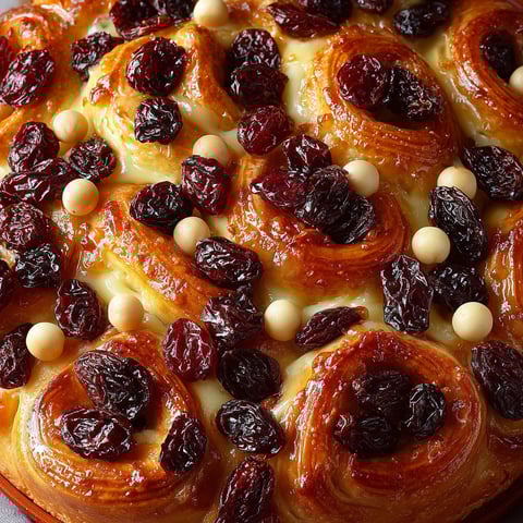 Une tarte aux raisins secs et à la crème pâtissière, garnie de noix, est servie sur un plateau.