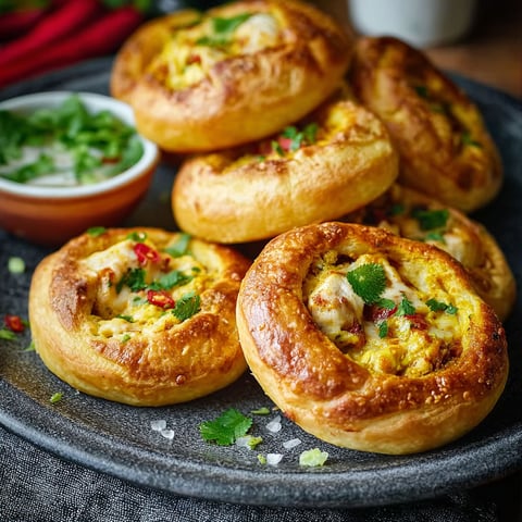 Petits pains farcis au poulet curry (Puits) sur un plateau.