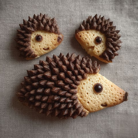 Trois mini sablés hérisson sur un tissu.