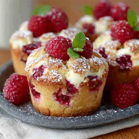 Petits gâteaux à la ricotta et aux framboises, délicieux et colorés, sont présentés sur un plateau.