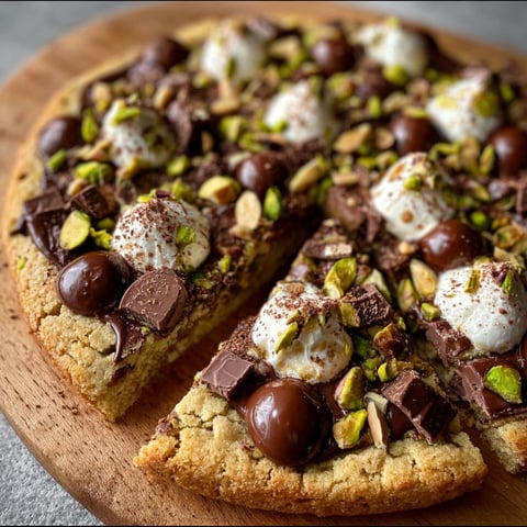 Une pizza à base de biscuits et de chocolat au lait, garnie de pistaches et de noix de cajou.