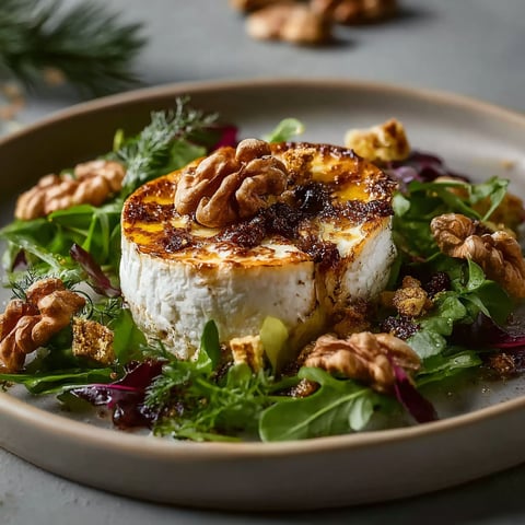 Une salade de chèvre chaud aux noix est servie sur un plateau.