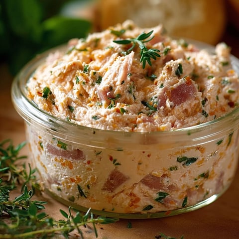 Un bol de rillettes de jambon maison, avec des herbes fraîches et une sauce crémeuse, est présenté sur une table.