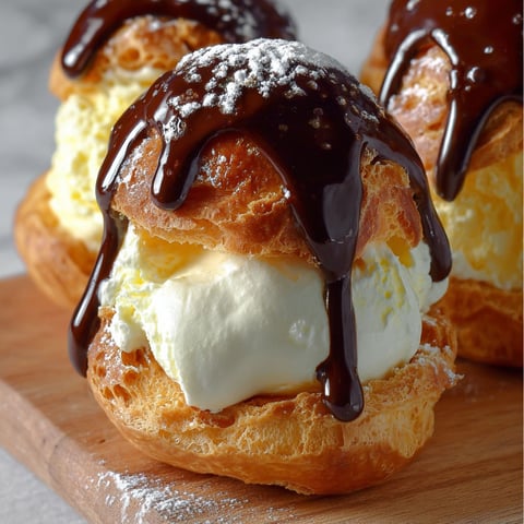 Profiteroles faciles, une recette simple et délicieuse, est servie sur un plateau en bois avec des sauces chocolat et crème.
