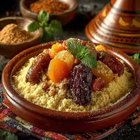 Une assiette de couscous royal algérien avec des fruits et des épices.