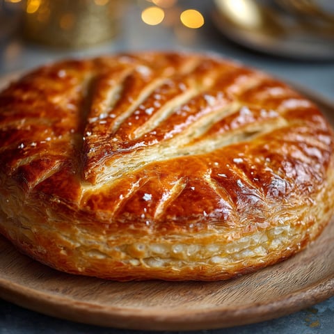 Une galette des rois à la frangipane est servie sur un plateau en bois.