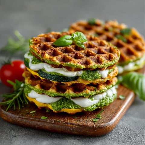 Une recette révolutionnaire de gaufres de légumes à la mozzarella, composée de cucumber, zucchini, basil et tomate, sur un plateau de bois.