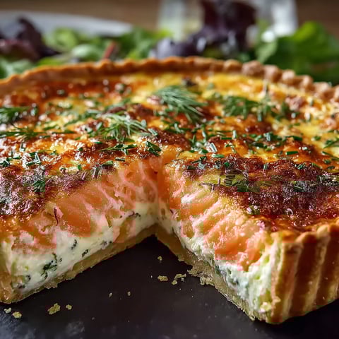 Une quiche au saumon fumé et boursin est servie sur une table avec des salades.