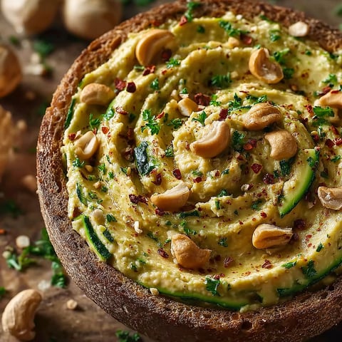 Une tartine de courgettes aux noix de cajou et épices, avec des noix et des épices sur le dessus.