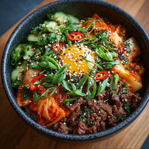 Un bol de bulgogi de boeuf haché avec sauce kimchi crémeuse.