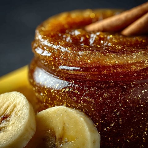 Une confiture de singe ivre (Drunk Monkey Banana Jam) est présentée sur une table avec des bananes et des épices.