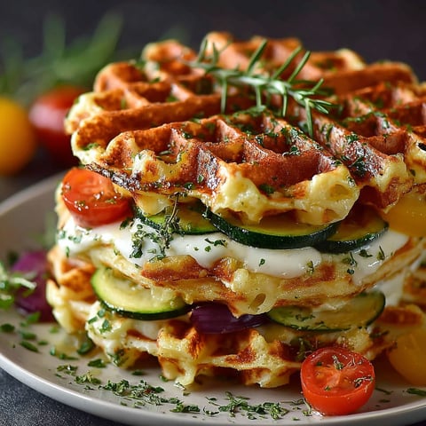 Une gaufre légumes fondante est servie sur un plateau avec des légumes tels que des tomates, des cucumbers et des zucchini.