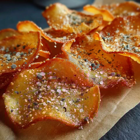 Une pile de tuiles salées, également appelées tuiles de pommes de terre, est servie sur un papier.