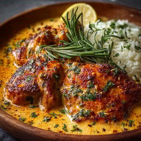 Un poulet rôti dans une sauce au beurre maison, accompagné de riz et d'une cuillère de citron.