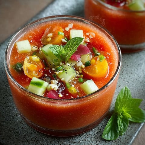 Un bol de gaspacho de tomates et concombre sur un plateau.