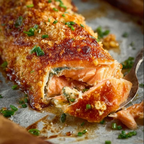 Une portion de saumon en croûte, avec une sauce au beurre et des herbes, est servie sur une assiette.