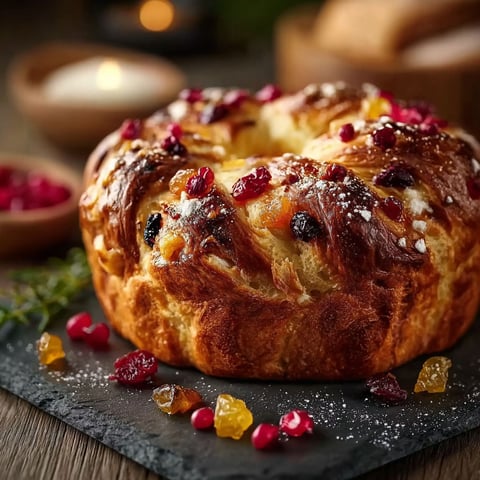 Une délicieuse brioche de Noël aux fruits confits, moelleuse, dorée et pleine de magie.