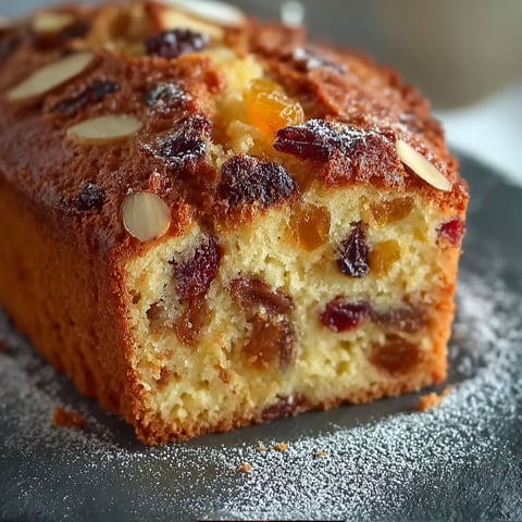 Une portion de gâteau aux fruits secs, vanille et amandes, sur un plateau de verre.