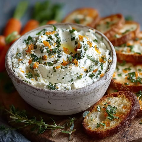 Une tartinade légère aux carottes, fromage blanc et herbes est servie sur un plateau avec des tranches de pain grillé.