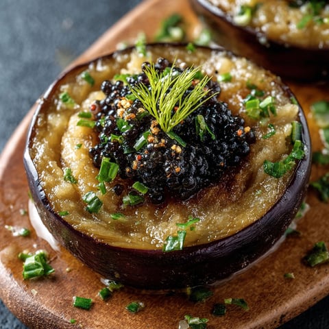 Une pâte de caviar d'aubergine est servie sur un plat de bois.