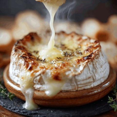 Une tasse de fondue de camembert chaude et délicieuse, avec une sauce chaude qui coule sur le dessus.
