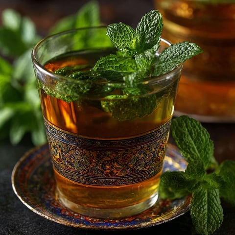 Une tasse de thé à la menthe est servie dans un bol coloré avec des feuilles de menthe sur le dessus.