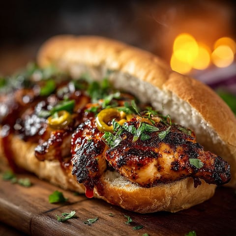 Un sandwich de poulet BBQ blanc avec des légumes verts et des épices.