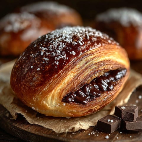 Une croissant chocolat moelleux avec des chocolats sur le dessus.
