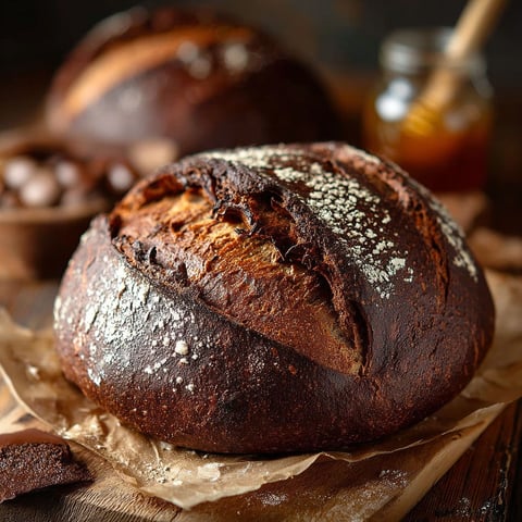 Un pain artisanal de chocolat levain, avec des grains de cacao et des noix de cacao, est présenté sur une table.
