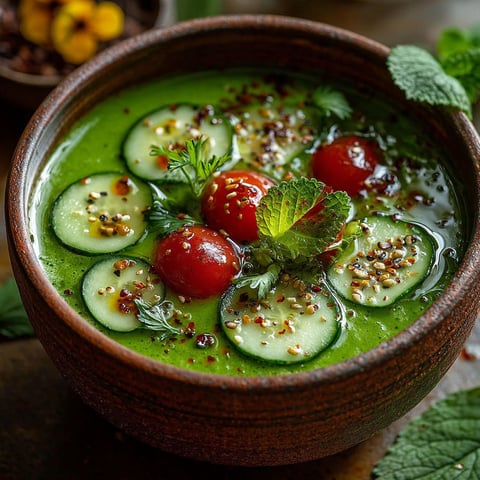 Une assiette de gaspacho vert végétalien rafraîchissant, remplie de cucumbers, tomates, herbes et épices.