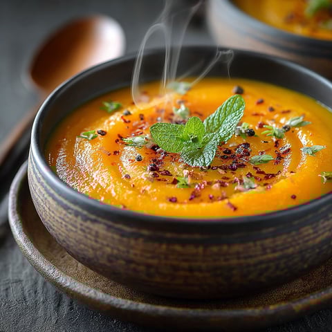 Une soupe coings citrouille cannelle est servie dans un bol en terre.