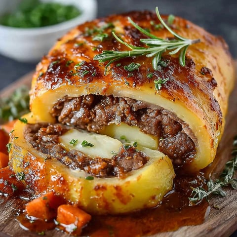 Un rouleau de bœuf aux pommes de terres, avec des herbes et des légumes, est présenté sur un plateau.
