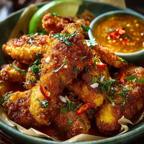 Une assiette de poulet tendres et croustillants, accompagnés d'une sauce au curcuma.