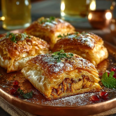 Mini Pastilla Poulet Marocaine, une recette savoureuse et délicieuse, est servie sur un plateau en argent.
