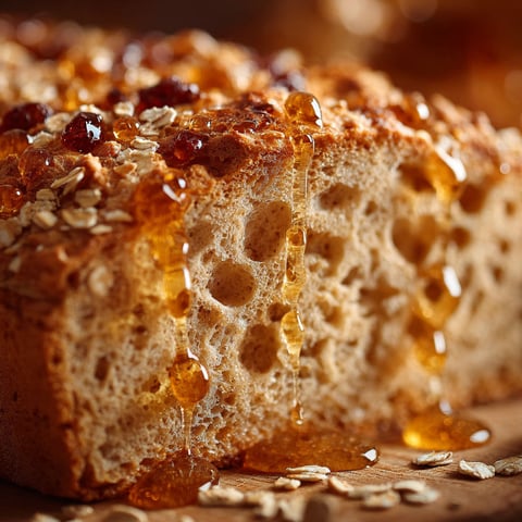 Une portion de Pain du Matin Flocons Miel, avec des flocons d'avoine et du miel, est sur une table.