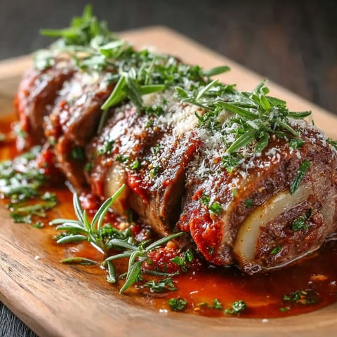 Un braciole de bœuf à l'italienne est servie sur un plateau de bois avec des herbes et des sauces.