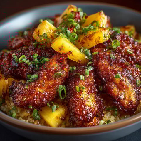 Une recette de poulet et bacon avec des ananas et des herbes.