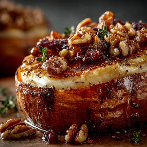 Une patate douce rôtie avec du brie et des noix, accompagnée d'épinards.