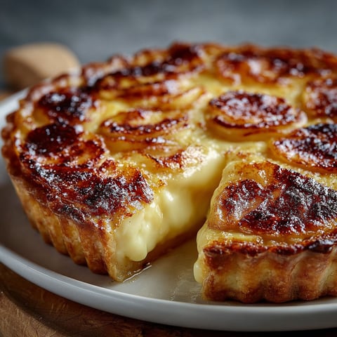 Une tarte pommes façon crème brûlée est servie sur un plateau.