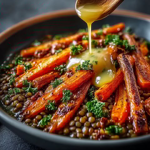 Une assiette de lentilles, carottes et rôties d'érable est servie sur une table.