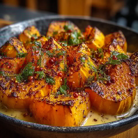 Une assiette de potimarron rôti avec une sauce citronnelle, accompagnée de herbes fraîches.