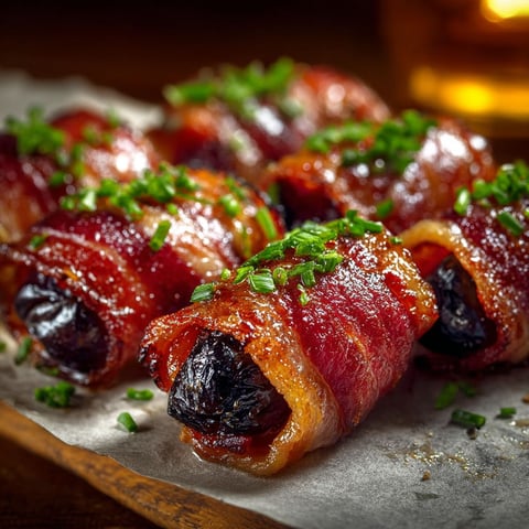 Des pruneaux bardés lard fumé, cuits et garnis d'épinards, sont présentés sur un plateau.