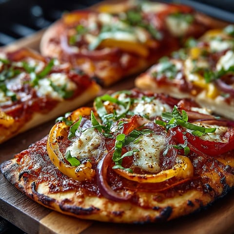 Pizzas au capicollo et poivron, avec des ingrédients tels que des tomates, des oignons et des herbes, sont servies sur des plaques de bois.