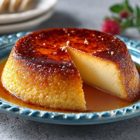 Une portion de flan sans pâte ultra fondant, avec une sauce au caramel.