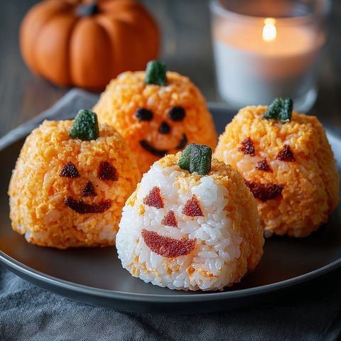 Three onigiri with pumpkin faces and smiles, ready to be enjoyed.